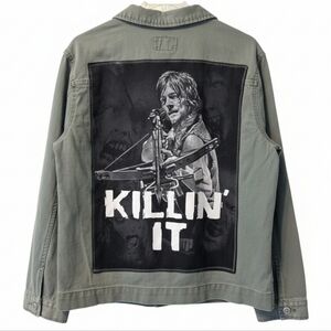 Daryl Dixon Upcycled Army Green Denim Jacket Hand Crafted Zombie